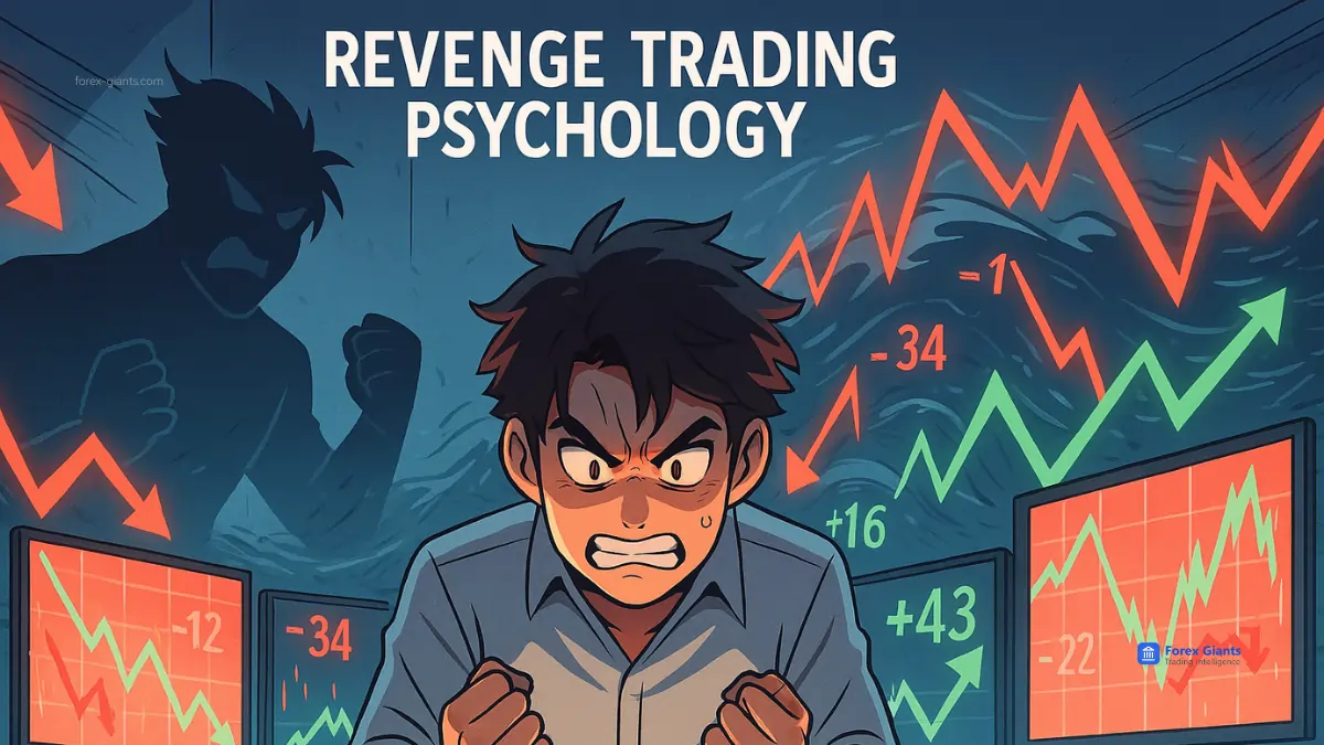 Illustration of an angry trader in front of screens with fluctuating stock graphs. Shadows and bold text convey stress in "Revenge Trading Psychology."