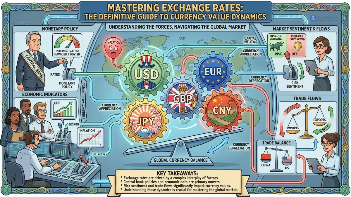 Illustrated guide on mastering exchange rates, featuring currency symbols (USD, EUR, GBP, JPY, CNY) as gears. Themes include monetary policy, economic indicators, market sentiment, and trade flows. Central bank officials, analysts, and traders are depicted, highlighting concepts like inflation, interest rates, and trade balance, conveying a complex financial market dynamic.