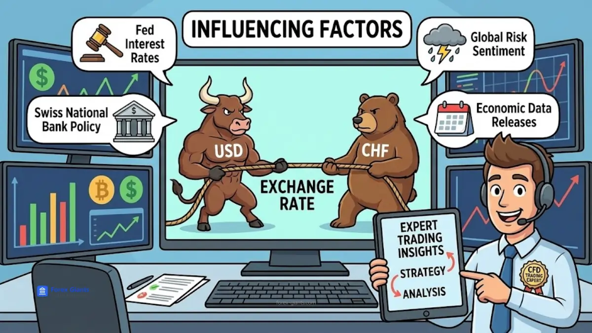infographic illustrating key factors that influence the USD/CHF exchange rate. At the center, a bull (USD) and a bear (CHF) are in a tug-of-war, symbolizing currency competition.