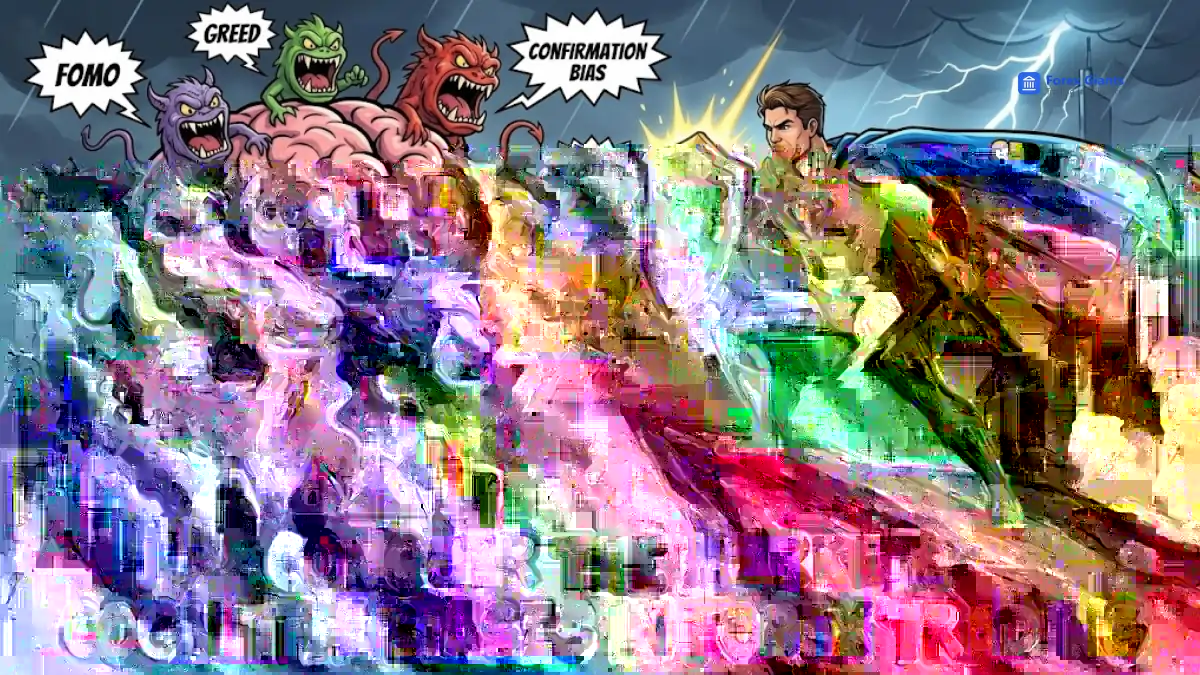 A superhero labeled "CFD Trader" battles a grotesque multi-headed brain labeled "Cognitive Biases". 