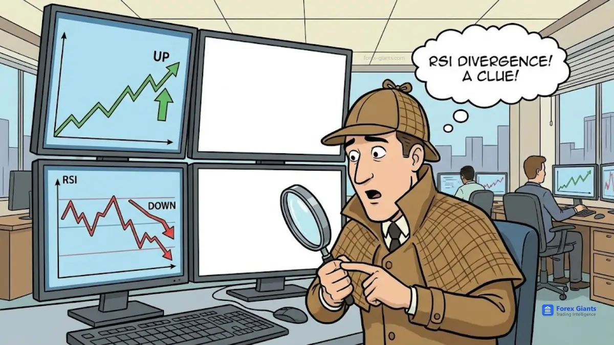 A cartoon detective spotting a bearish divergence on trading monitors, demonstrating how to use Relative Strength analysis to predict price trend changes.
