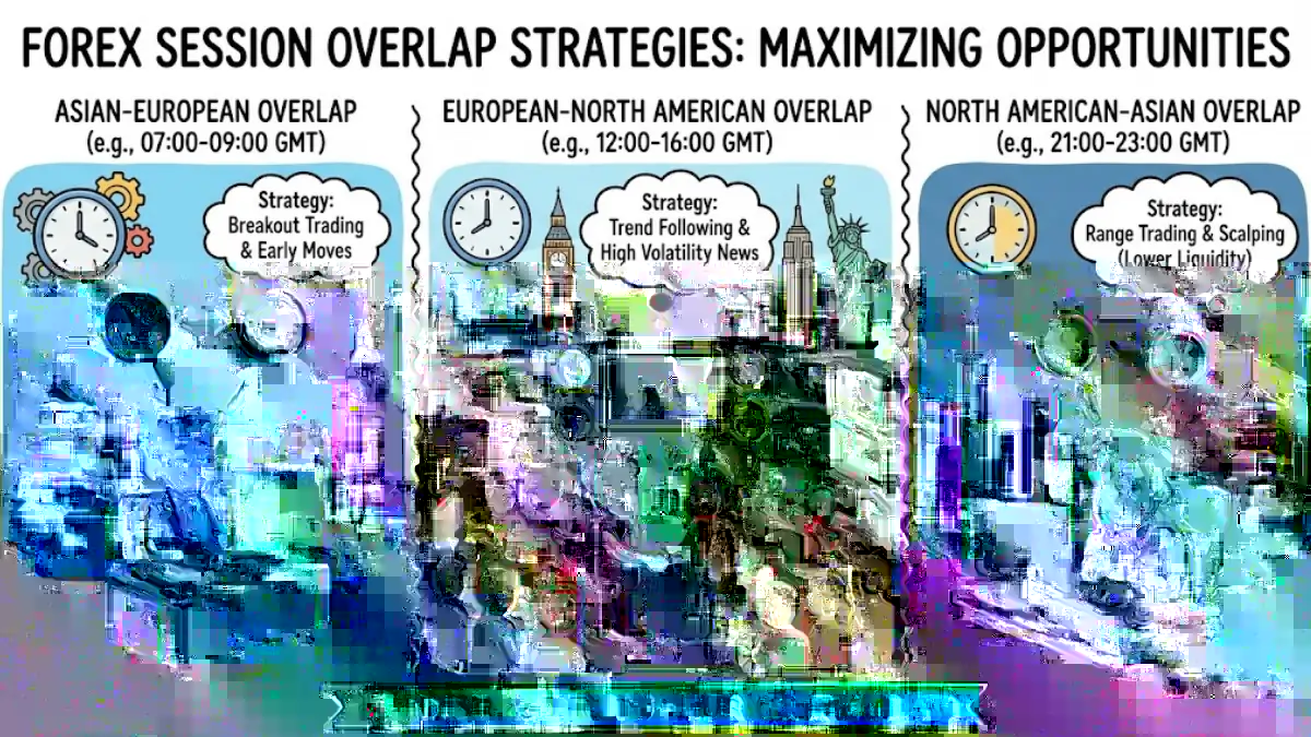 This infographic outlines Forex session overlap strategies across three key time windows