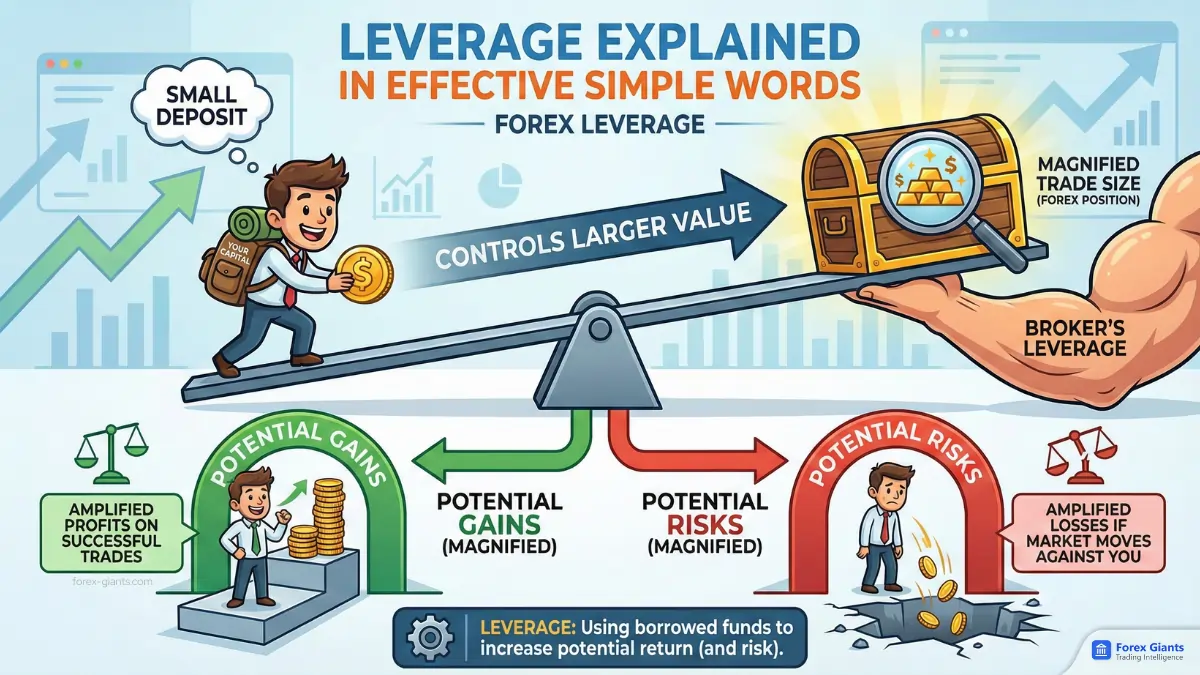 Illustration explaining forex leverage with a balancing scale. A small deposit on one side, magnified trade size on the other, highlighting potential gains and risks.
