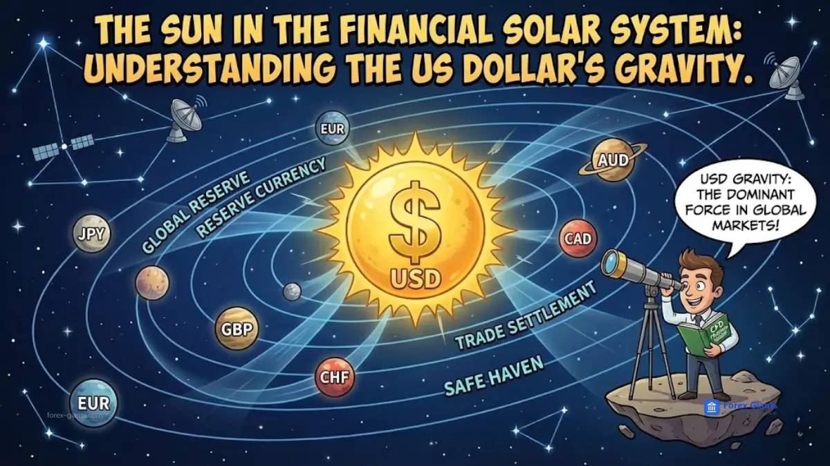 illustration using a solar system metaphor to show the US Dollar (USD) as the central force in global finance