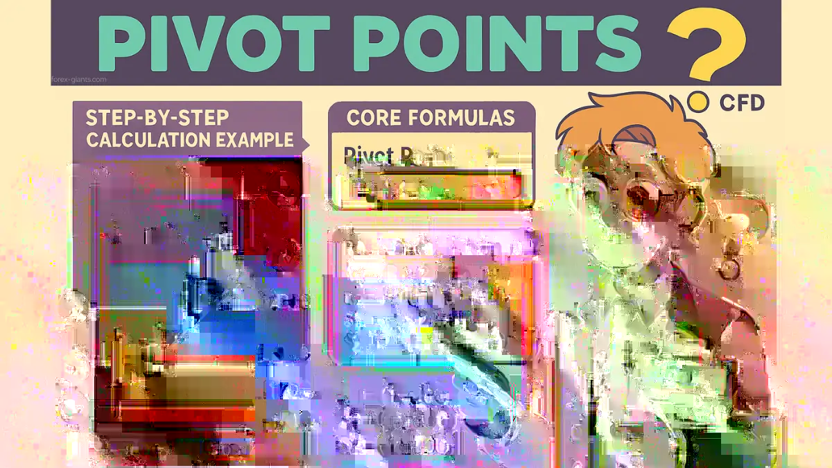 Illustrated guide on pivot points in trading. Features a chart with step-by-step calculation, a person in a suit holding a “Tools” folder, and core formulas. The mood is educational and informative.