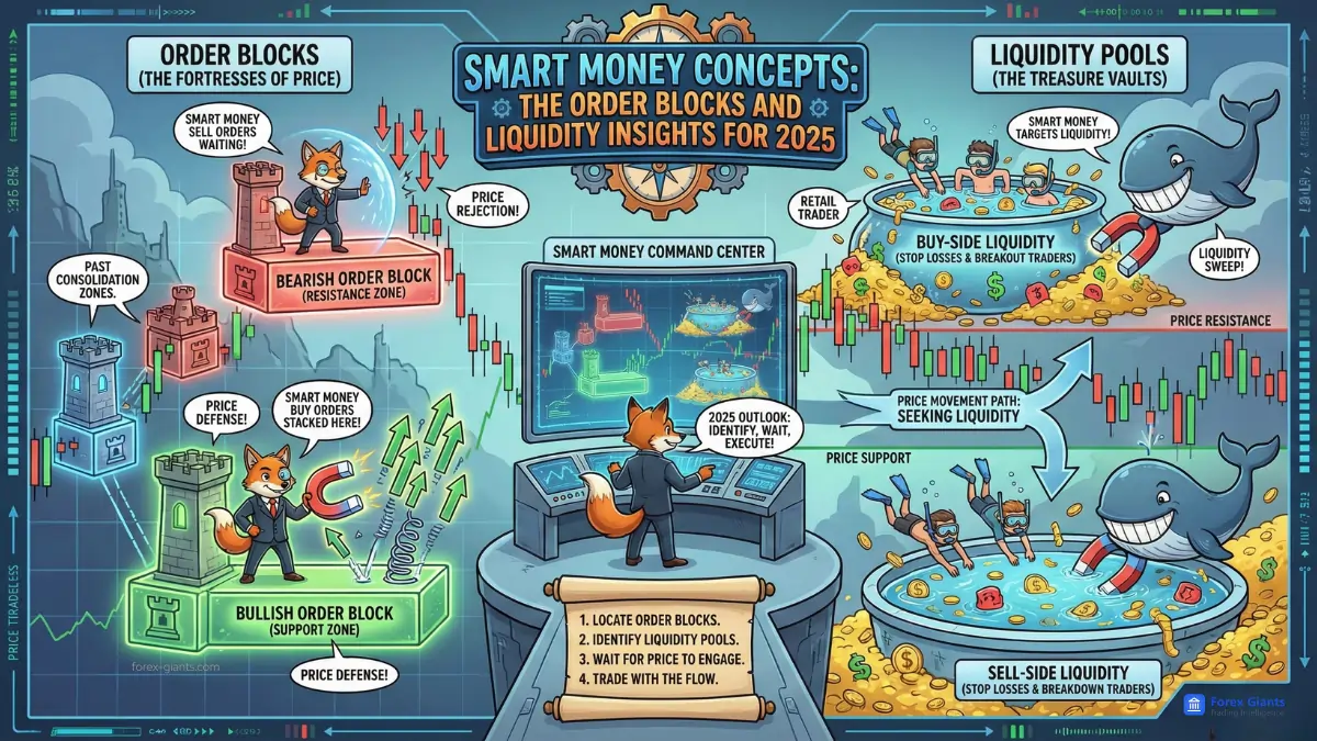 Illustrated infographic titled "Smart Money Concepts: The Order Blocks and Liquidity Insights for 2025" with a futuristic control center and charts, including a fox character managing "order blocks" and "liquidity pools." The image features bullish and bearish themes with financial symbols, arrows, and charts, conveying a tech-savvy, strategic financial analysis tone.