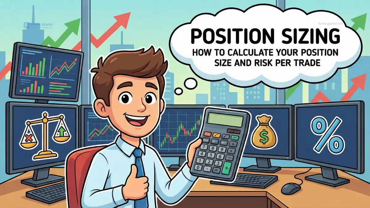 A cheerful cartoon character holding a calculator is surrounded by four computer monitors showing various financial charts and icons. Text reads "Position Sizing."