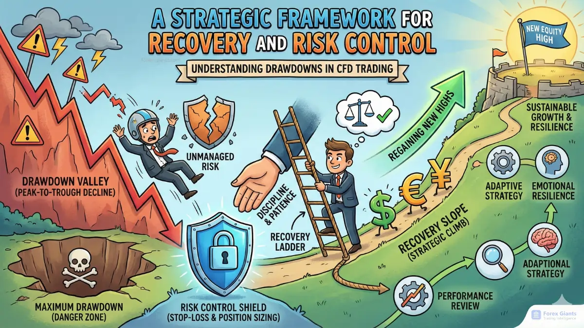 Illustrated infographic titled "A Strategic Framework for Recovery and Risk Control," depicting a man climbing from "Drawdown Valley" to "New Equity High." Elements include "Unmanaged Risk," "Risk Control Shield," and "Recovery Ladder," emphasizing strategic growth in trading.