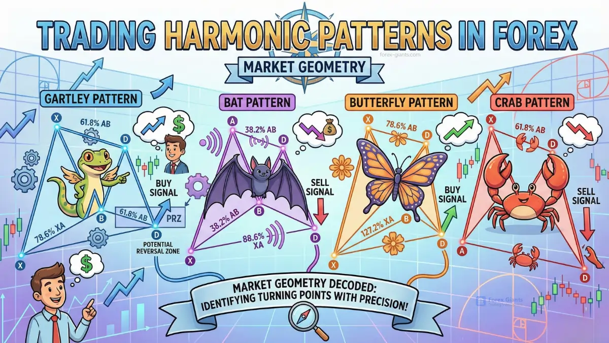 Colorful forex trading illustration showing harmonic patterns like Gartley, Bat, Butterfly, and Crab. Features animals, signals, and market geometry.