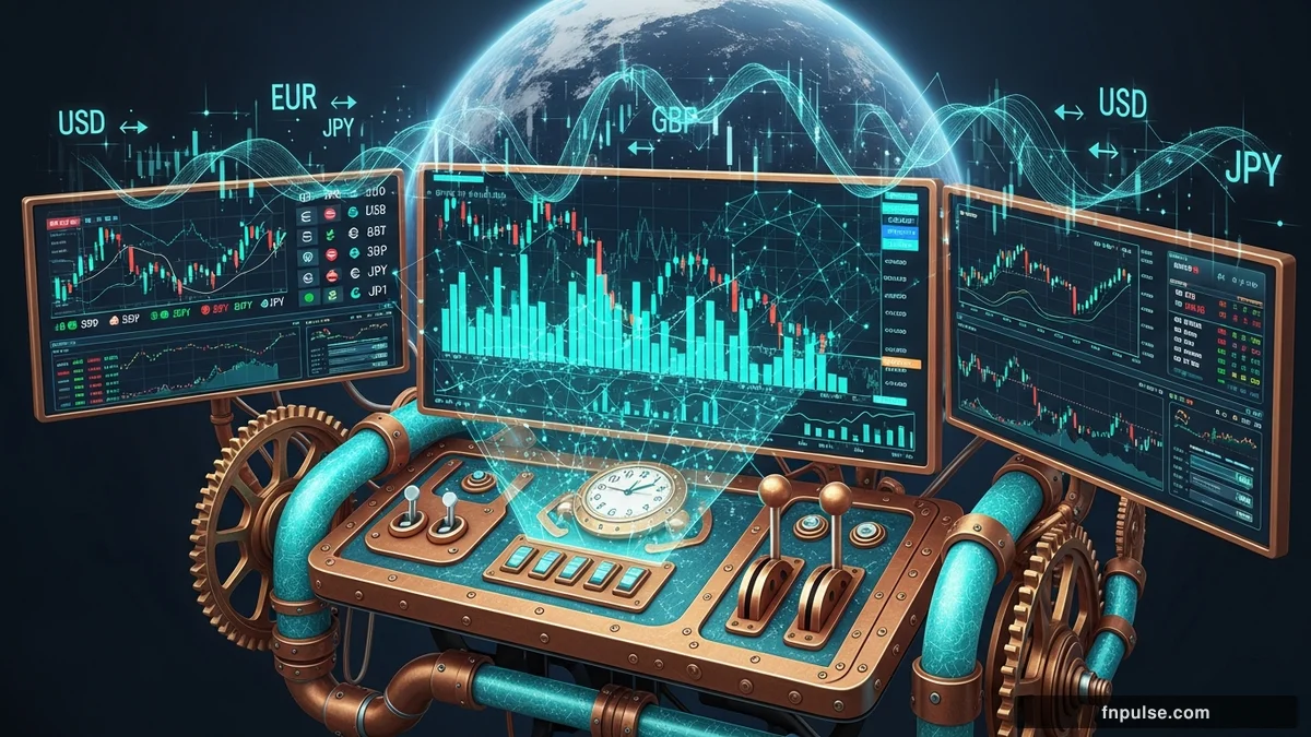 A steampunk globe with brass meridian lines and copper continent plates, surrounded by glowing teal financial data streams, candlestick charts, and holographic trading network connections — editorial illustration for "The Rise of Algorithmic Trading Among Retail Forex Traders".