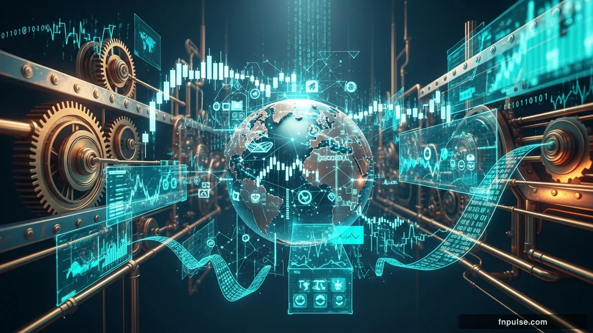 A steampunk globe with brass meridian lines and copper continent plates, surrounded by glowing teal financial data streams, candlestick charts, and holographic trading network connections — editorial illustration for "Beyond Stop-Losses: Mastering Advanced Risk Management in Forex Trading".