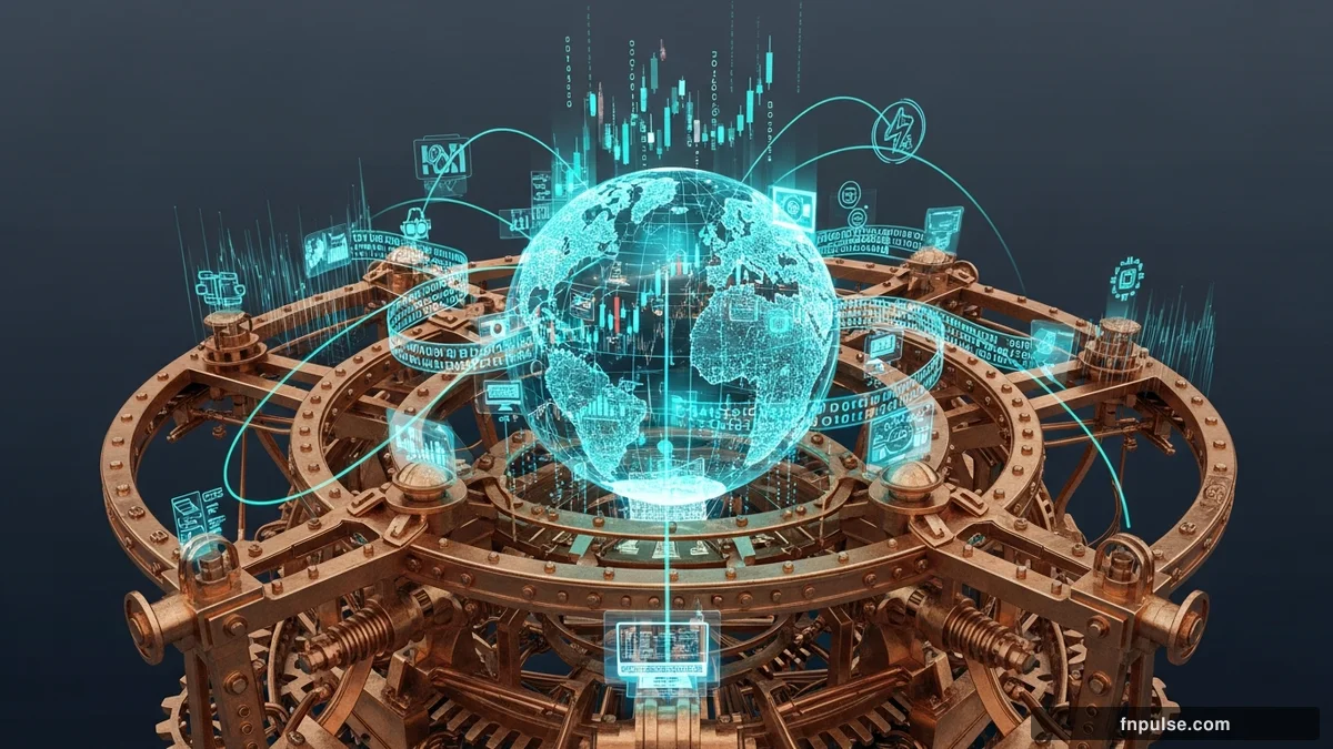 A steampunk globe with brass meridian lines and copper continent plates, surrounded by glowing teal financial data streams, candlestick charts, and holographic trading network connections — editorial illustration for "Bitcoin ETFs Rewrote Financial History: A Two-Year Retrospective".