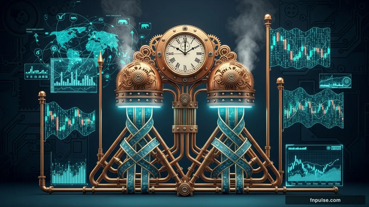 A steampunk globe with brass meridian lines and copper continent plates, surrounded by glowing teal financial data streams, candlestick charts, and holographic trading network connections — editorial illustration for "Chart Patterns (Head & Shoulders, Triangles, Flags)".