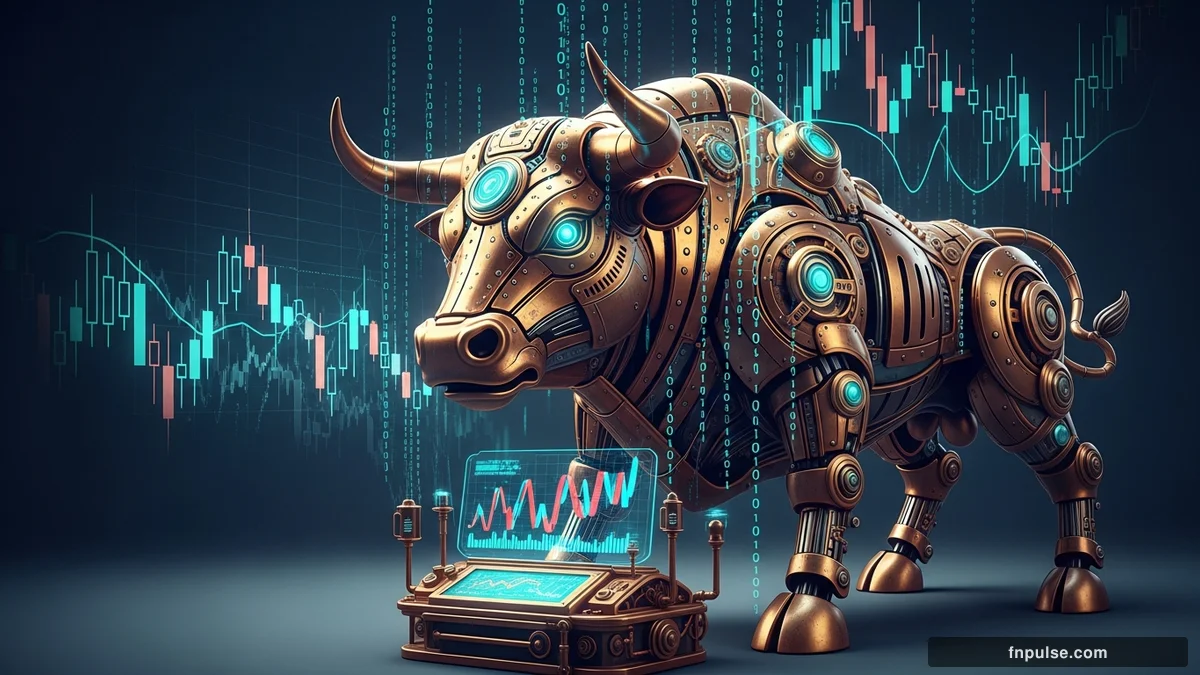 A steampunk mechanical bull with copper gears and brass rivets charges through a digital financial landscape, surrounded by glowing teal candlestick charts, binary code streams, and holographic market data overlays against a dark navy background — editorial illustration for "Commodity Shock Playbook: Trading FX Moves from Energy and Metals".