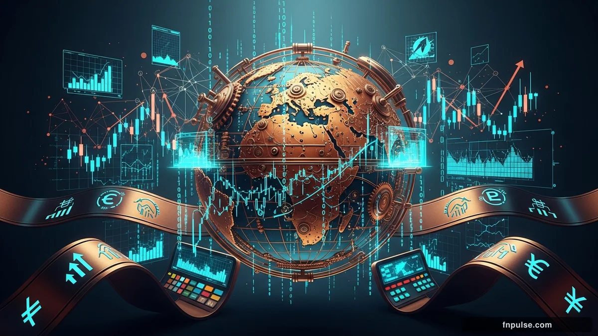 A steampunk globe with brass meridian lines and copper continent plates, surrounded by glowing teal financial data streams, candlestick charts, and holographic trading network connections — editorial illustration for "Best 10 Currency Trading Strategies for 2026 Markets".