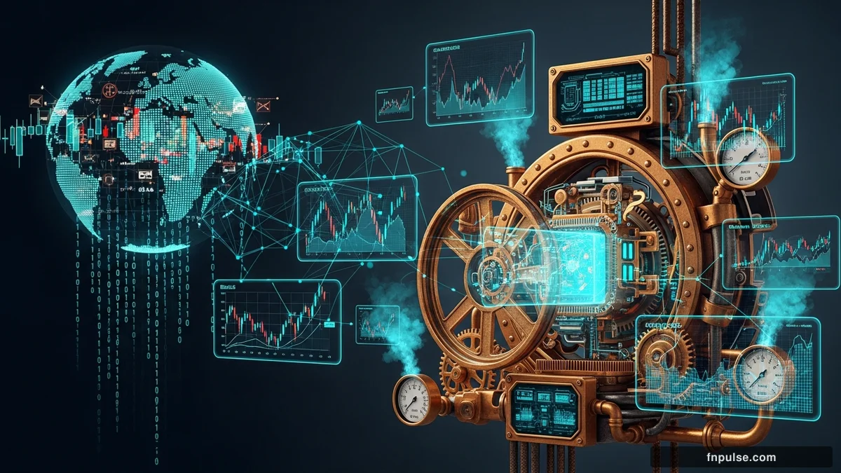 A steampunk globe with brass meridian lines and copper continent plates, surrounded by glowing teal financial data streams, candlestick charts, and holographic trading network connections — editorial illustration for "Trading Divergences (RSI, MACD)".