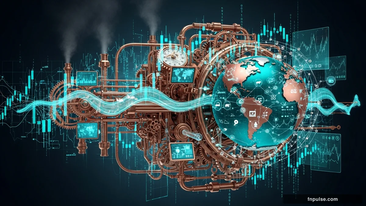 A steampunk globe with brass meridian lines and copper continent plates, surrounded by glowing teal financial data streams, candlestick charts, and holographic trading network connections — editorial illustration for "Dynamic Risk Management: Mastering Forex Volatility in 2026".