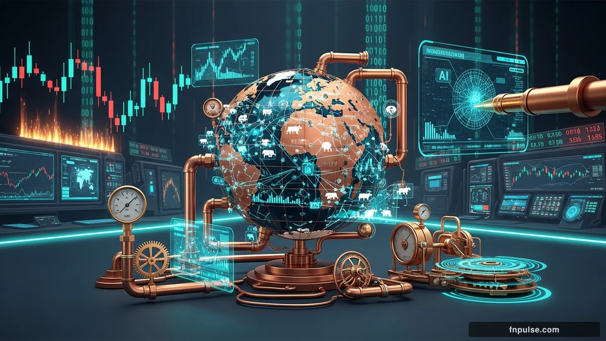 A steampunk globe with brass meridian lines and copper continent plates, surrounded by glowing teal financial data streams, candlestick charts, and holographic trading network connections — editorial illustration for "Uncover 2025's Fastest Brokers: AI-Driven Execution Speed Analysis".