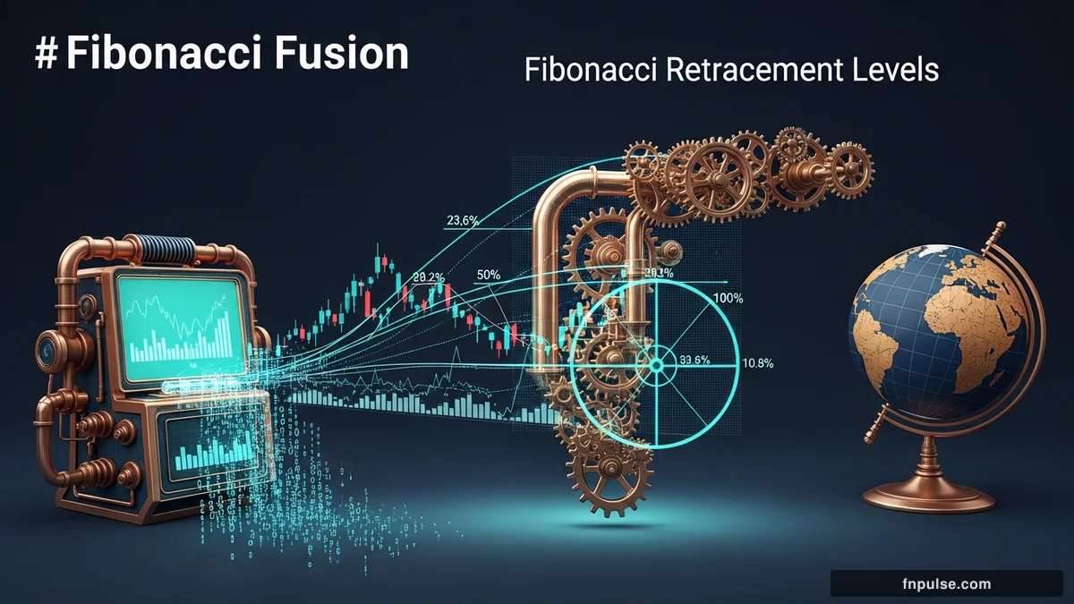 A steampunk globe with brass meridian lines and copper continent plates, surrounded by glowing teal financial data streams, candlestick charts, and holographic trading network connections — editorial illustration for "Fibonacci Retracement Levels".