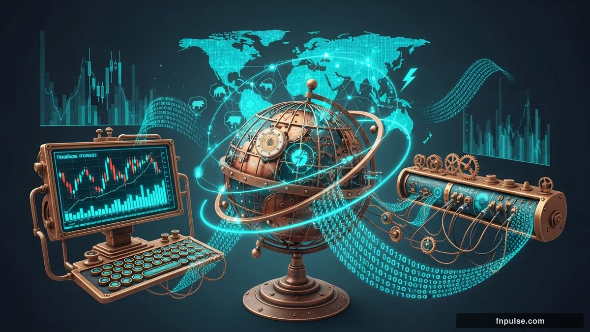 A steampunk globe with brass meridian lines and copper continent plates, surrounded by glowing teal financial data streams, candlestick charts, and holographic trading network connections — editorial illustration for "Your First Forex Trade: Step-by-Step".