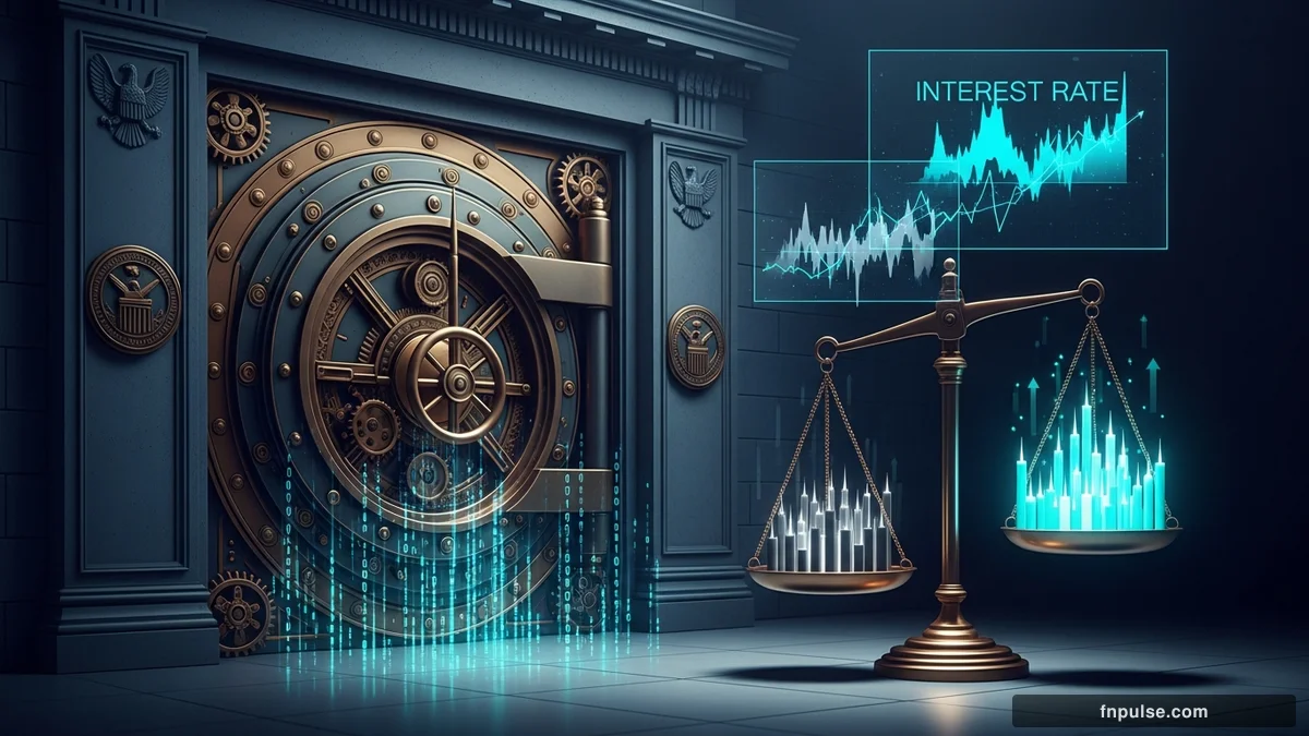 A grand steampunk vault with massive brass doors and copper mechanism wheels, balance scales made of clockwork gears, interest rate indicators glowing in teal holographic displays — editorial illustration for "FOMC Minutes Preview: What the Four Dissents Tell Us About Rate Hike Risk Under Warsh's Fed".