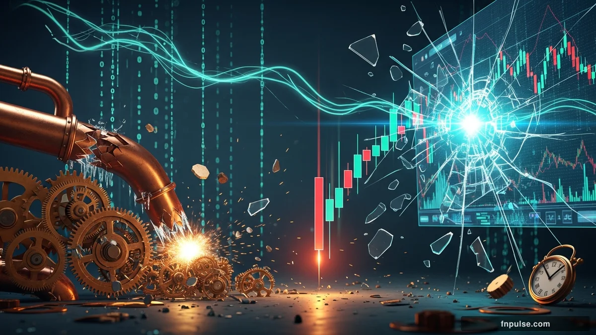 A dramatic steampunk scene with metallic impact effects and shattered glass elements, glowing teal alert indicators and urgent data streams flowing through copper pipes against a stormy dark blue backdrop — editorial illustration for "GBP/USD Plunges to 1.3396 as UK Inflation Miss Fuels Dollar Rally".