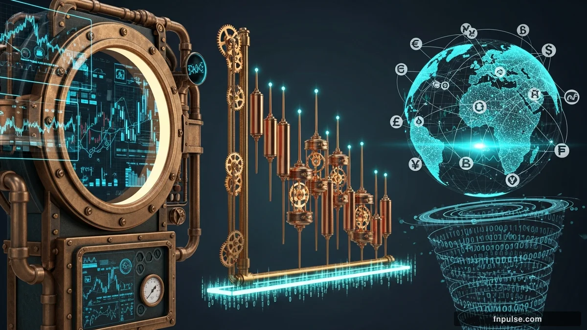 A steampunk globe with brass meridian lines and copper continent plates, surrounded by glowing teal financial data streams, candlestick charts, and holographic trading network connections — editorial illustration for "How to Read Forex Charts".