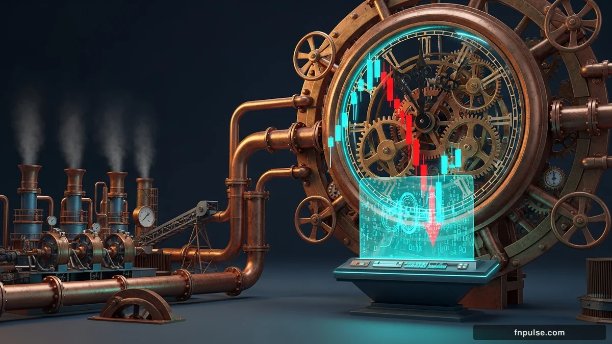 A steampunk globe with brass meridian lines and copper continent plates, surrounded by glowing teal financial data streams, candlestick charts, and holographic trading network connections — editorial illustration for "Indonesian Rupiah Hits Record Low as Prabowo Moves to Centralize Coal and Palm Oil Exports".