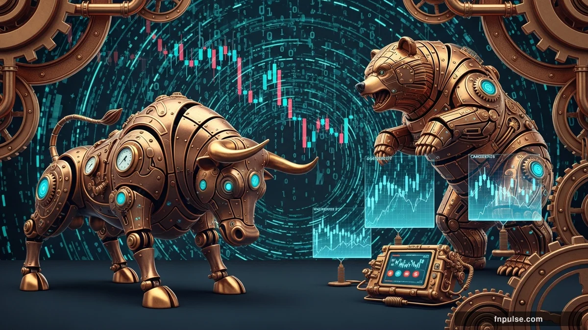 A steampunk mechanical bull with copper gears and brass rivets charges through a digital financial landscape, surrounded by glowing teal candlestick charts, binary code streams, and holographic market data overlays against a dark navy background — editorial illustration for "Daily Market Snapshot: Analyzing Key Currency Pairs and Potential Trading Opportunities ".