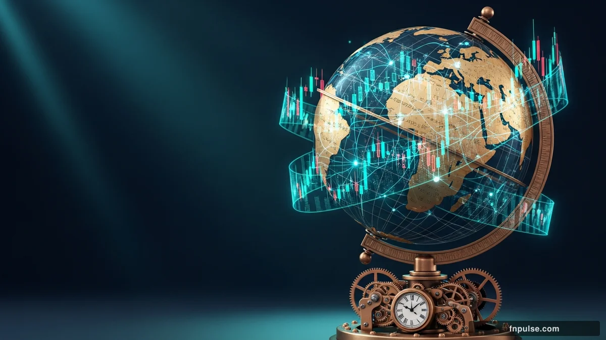 A steampunk globe with brass meridian lines and copper continent plates, surrounded by glowing teal financial data streams, candlestick charts, and holographic trading network connections — editorial illustration for "Forex Market Sessions & Trading Hours".