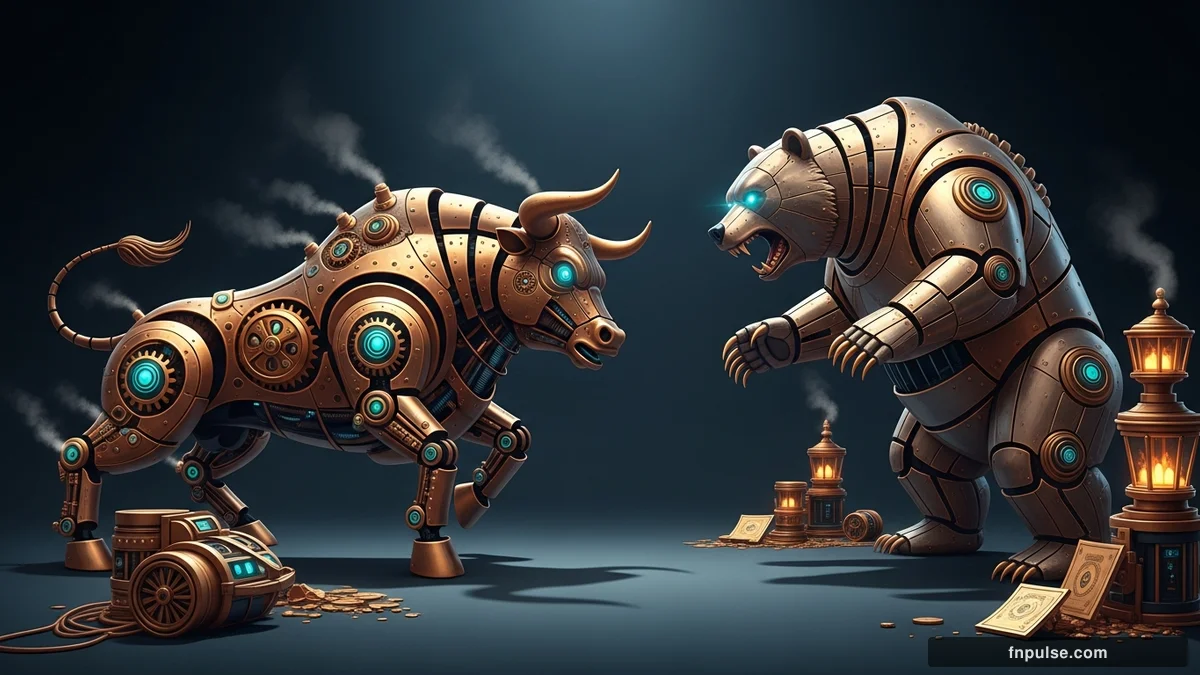 A steampunk mechanical bull with copper gears and brass rivets charges through a digital financial landscape, surrounded by glowing teal candlestick charts, binary code streams, and holographic market data overlays against a dark navy background — editorial illustration for "The Master Guide to Currency Correlation in Forex Trading".