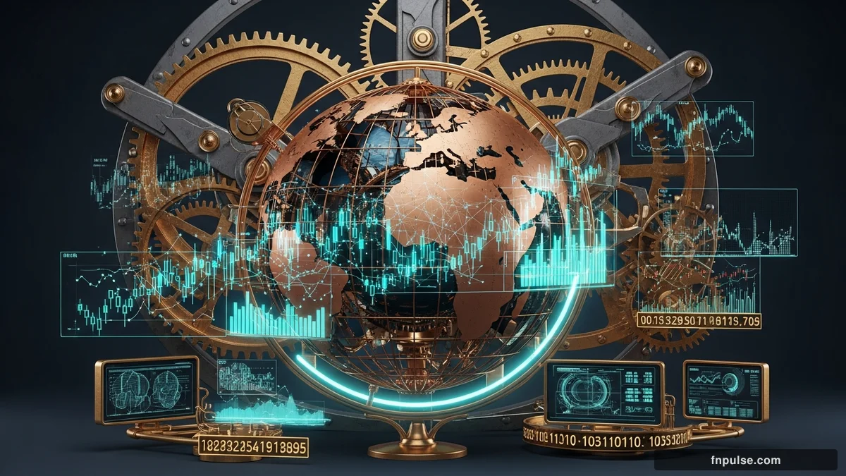 A steampunk globe with brass meridian lines and copper continent plates, surrounded by glowing teal financial data streams, candlestick charts, and holographic trading network connections — editorial illustration for "6. Risk Management in the AI Era".