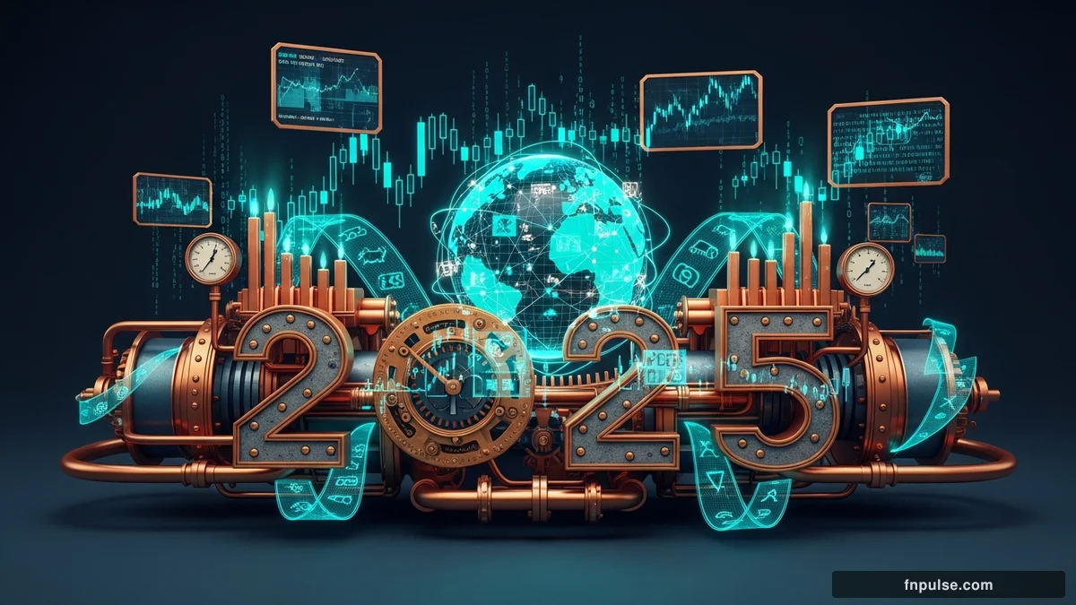 A steampunk globe with brass meridian lines and copper continent plates, surrounded by glowing teal financial data streams, candlestick charts, and holographic trading network connections — editorial illustration for "Rolls-Royce Share Price Analysis: 5 Truths Behind the 2025 Turnaround".