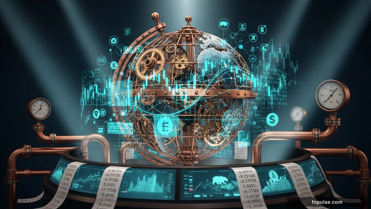 A steampunk globe with brass meridian lines and copper continent plates, surrounded by glowing teal financial data streams, candlestick charts, and holographic trading network connections — editorial illustration for "RSI Indicator Explained".