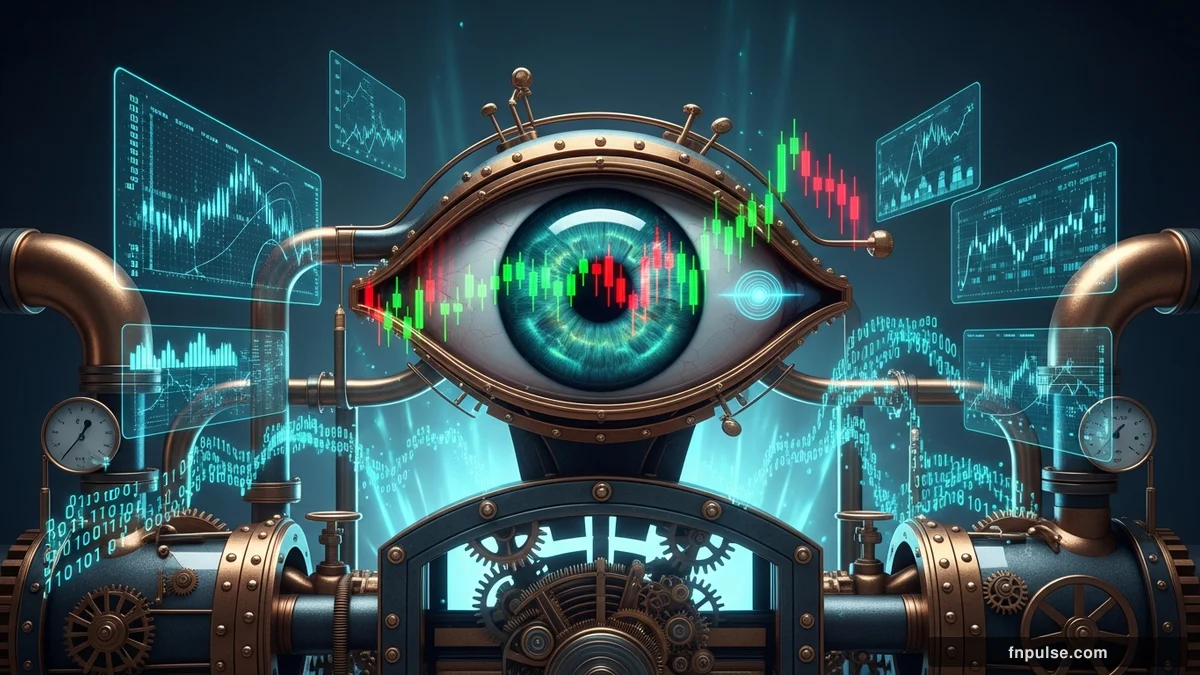 A steampunk globe with brass meridian lines and copper continent plates, surrounded by glowing teal financial data streams, candlestick charts, and holographic trading network connections — editorial illustration for "Market Sentiment Analysis".