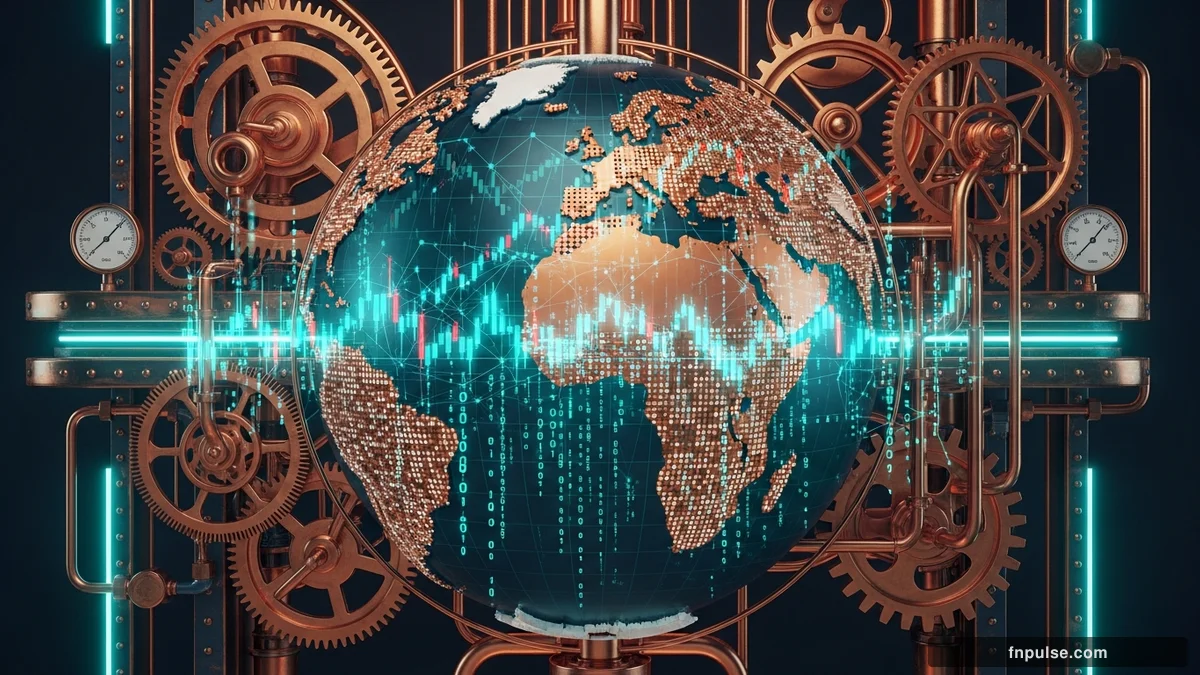 A steampunk globe with brass meridian lines and copper continent plates, surrounded by glowing teal financial data streams, candlestick charts, and holographic trading network connections — editorial illustration for "Support & Resistance Levels".