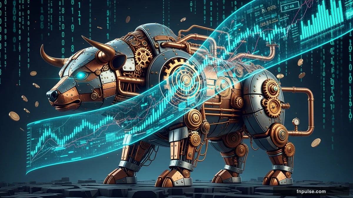 A steampunk mechanical bull with copper gears and brass rivets charges through a digital financial landscape, surrounded by glowing teal candlestick charts, binary code streams, and holographic market data overlays against a dark navy background — editorial illustration for "US 10-Year Yield Hits 4.69% as Bank Indonesia Hikes Rates 50 Bps".