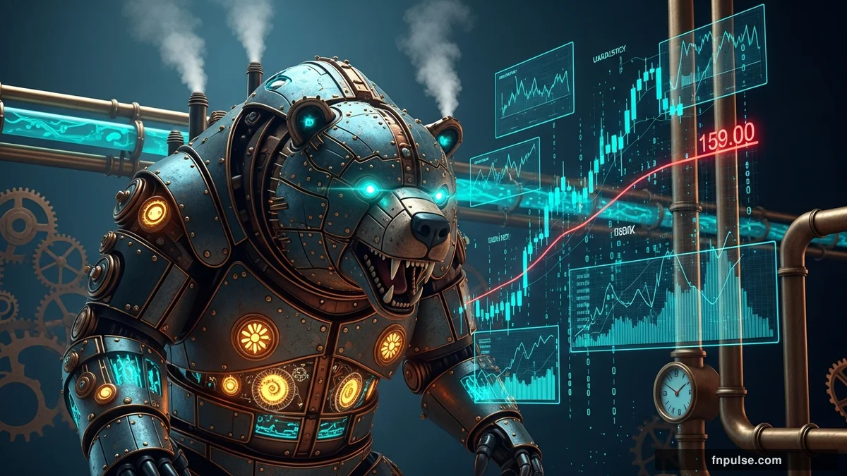 A steampunk mechanical bull with copper gears and brass rivets charges through a digital financial landscape, surrounded by glowing teal candlestick charts, binary code streams, and holographic market data overlays against a dark navy background — editorial illustration for "USD/JPY Nears 159.00 as Japanese 10-Year Yield Hits 2.8%".