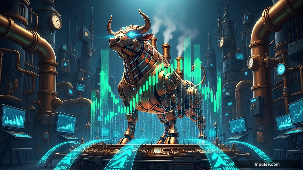 A steampunk mechanical bull with copper gears and brass rivets charges through a digital financial landscape, surrounded by glowing teal candlestick charts, binary code streams, and holographic market data overlays against a dark navy background — editorial illustration for "USD/JPY Surges to 159.01 as Japan GDP Prints 2.1%".