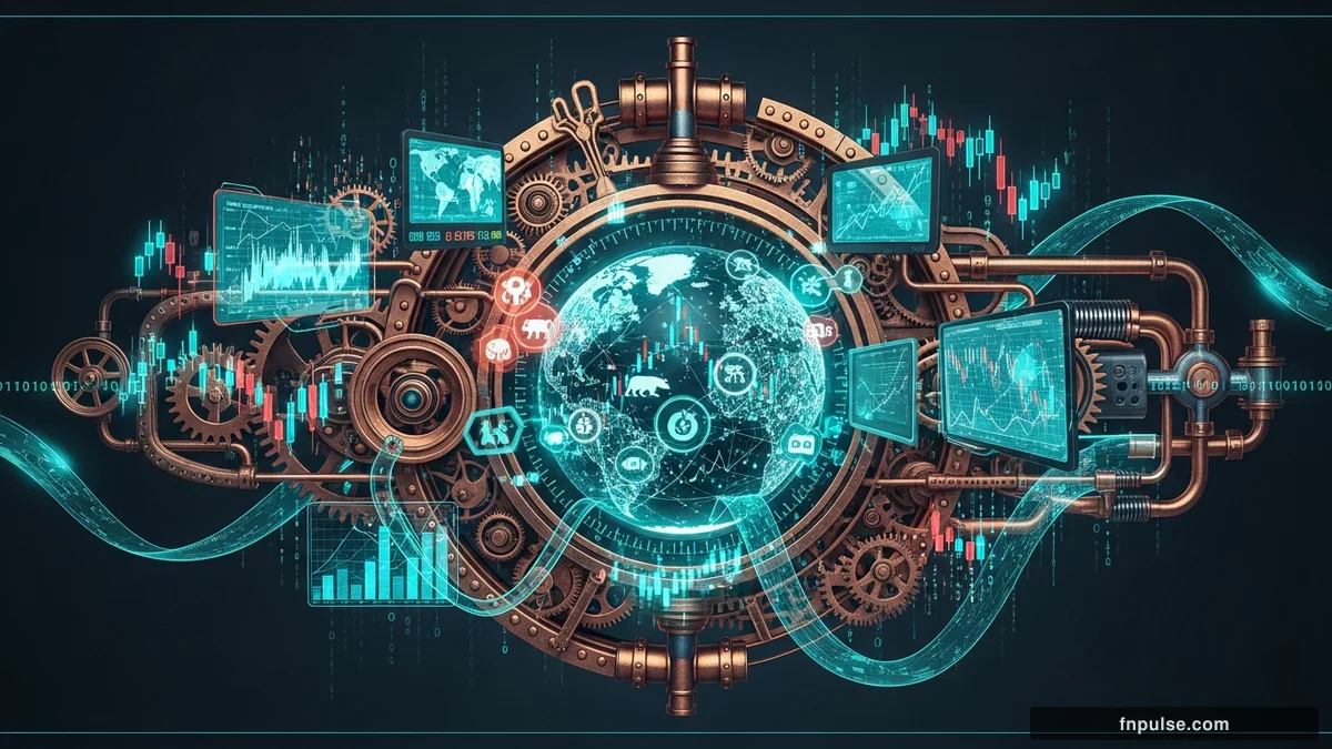 A steampunk globe with brass meridian lines and copper continent plates, surrounded by glowing teal financial data streams, candlestick charts, and holographic trading network connections — editorial illustration for "Top 10 Highest Valued Currencies: Why KWD Beats USD (And Why It Doesn't Matter)".