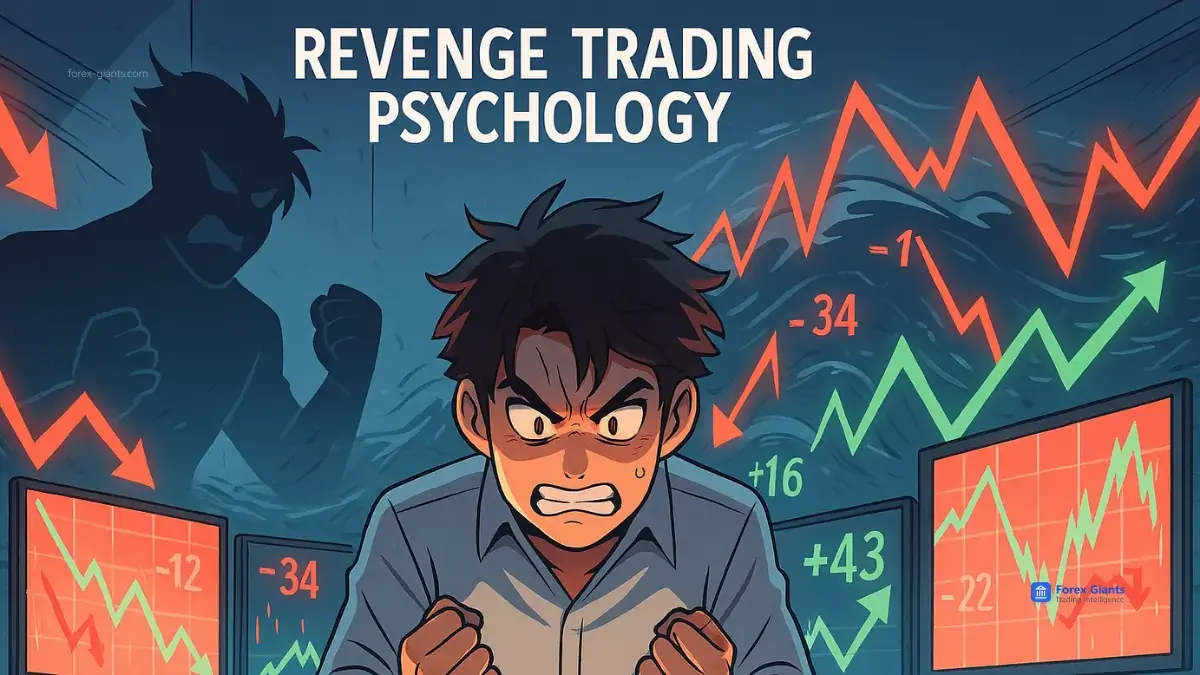 Illustration of an angry trader in front of screens with fluctuating stock graphs. Shadows and bold text convey stress in "Revenge Trading Psychology."