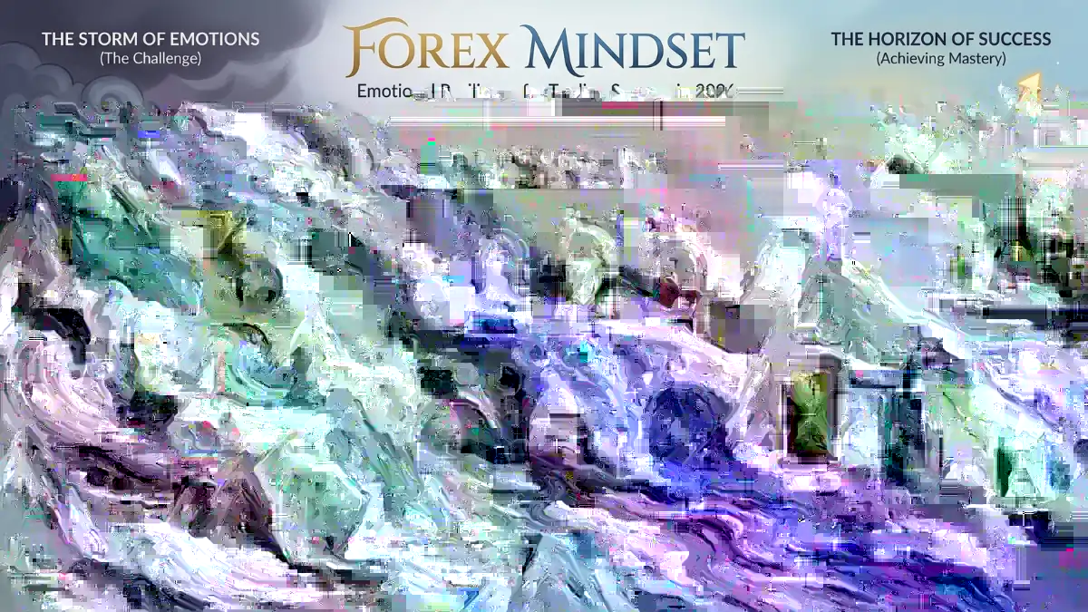 Illustrated "Forex Mindset" map: shows journey from "Storm of Emotions" to "Horizon of Success" via "Bridge of Resilience," highlighting emotional challenges, strategy, and growth.
