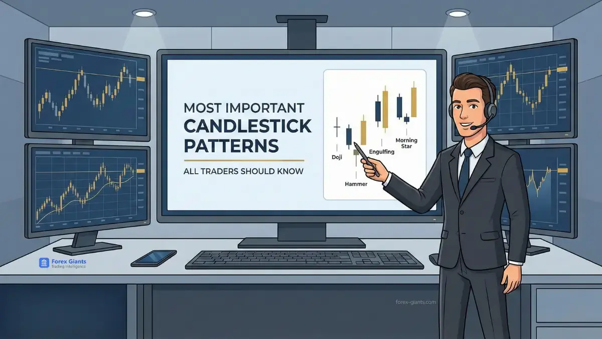 A cartoon man in a suit points at a screen displaying "Most Important Candlestick Patterns" in a modern trading room with charts on monitors.