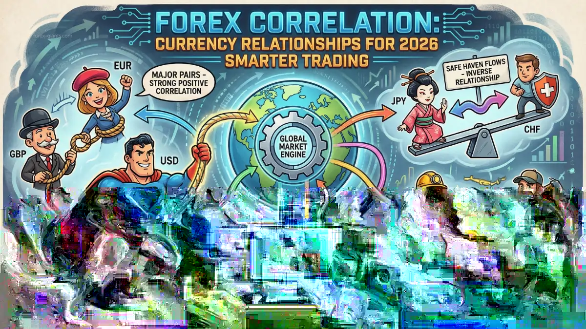 Illustration of Forex correlations for 2026, featuring cartoon characters representing currencies like USD, EUR, GBP, JPY, CHF, AUD, CAD. Central figure symbolizes global market dynamics with arrows showing interactions. Text highlights strong correlations, safe haven flows, and data-driven trading. Tone is playful and informative.