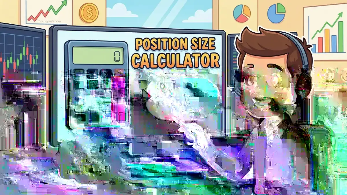 Illustration of a cheerful man with a headset pointing at a screen showing a position size calculator. Includes steps to use and a speech bubble about risk management.