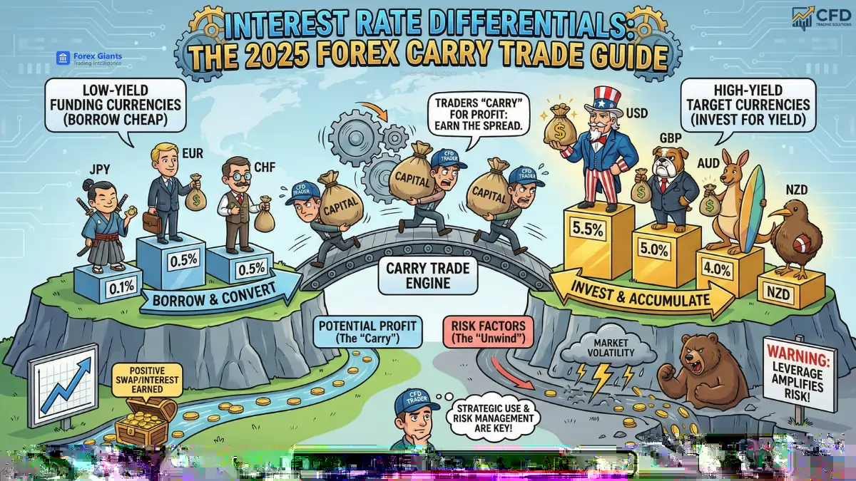 Illustrated forex guide showing a carry trade engine, with characters representing low-yield currencies (JPY, CHF, EUR) borrowing cheaply, moving capital over a bridge to high-yield currencies (USD, GBP, AUD, NZD) for profit. Keywords: interest rate differentials, market volatility, risk management. Tone: educational, strategic.