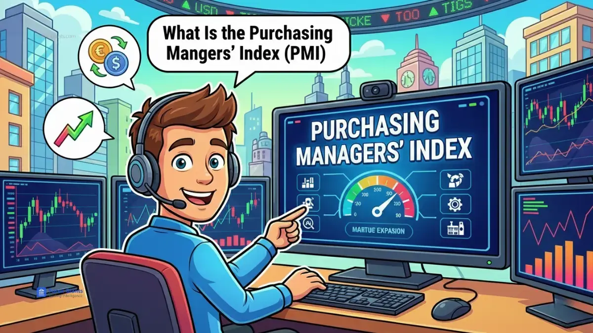 A person with headphones explains the "Purchasing Managers' Index" (PMI) on a computer screen, surrounded by monitors showing financial graphs in a cityscape setting.