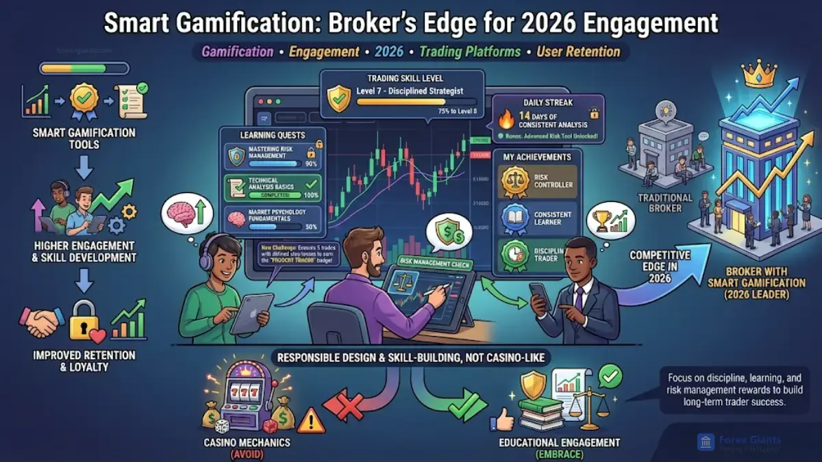 An infographic titled "Smart Gamification: Broker’s Edge for 2026 Engagement" illustrating tools and strategies for brokers. Features include charts, trading skill levels, learning quests, and achievements to enhance engagement, skill development, and retention. Highlights responsible design, avoiding casino mechanics, and focuses on educational engagement. Contains visuals of graphs, awards, and people interacting with trading platforms, conveying a professional and motivational tone.
