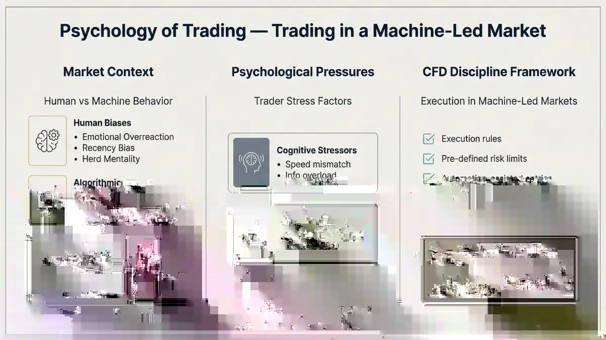 Infographic titled "Psychology of Trading — Trading in a Machine-Led Market" detailing market context, psychological pressures, and CFD discipline framework. Left section discusses human biases and algorithmic traits. Middle highlights trader stress factors like cognitive stressors and behavioral traps. Right outlines rules for machine-led markets.