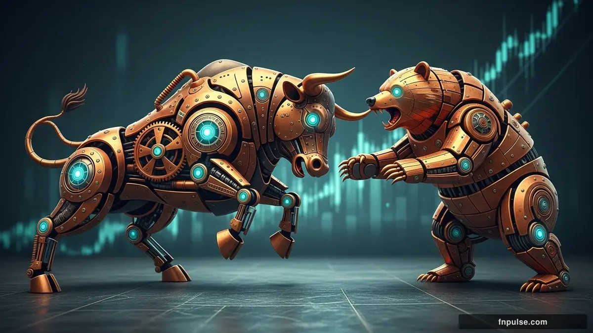 A steampunk mechanical bull with copper gears and brass rivets charges through a digital financial landscape, surrounded by glowing teal candlestick charts, binary code streams, and holographic market data overlays against a dark navy background — editorial illustration for "10-Year Yield Hits 4.40% as Dollar Rebounds Ahead of April CPI Print".